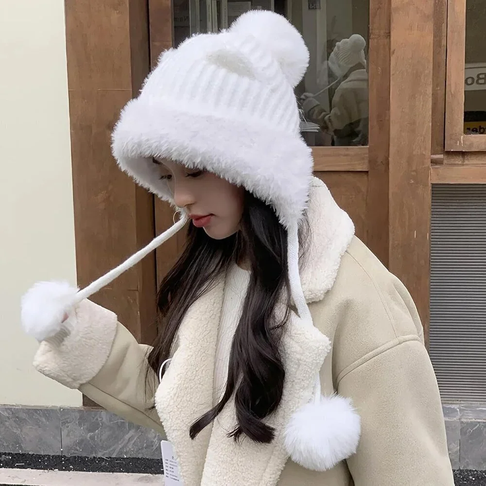 Women White  Winter Sherpa Beanie Hats Knit Ear Flaps Peruvian Cover Ears